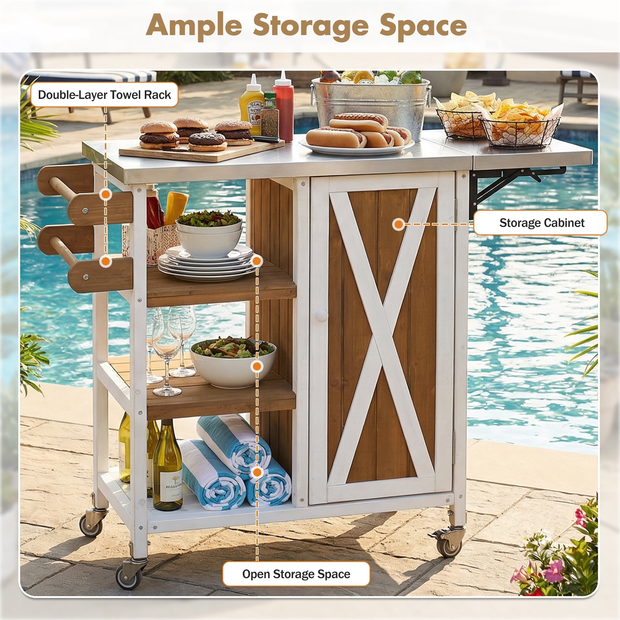 Portable Outdoor Kitchen Island, Foldable Patio Prep Station for Outdoor Use, White and Brown