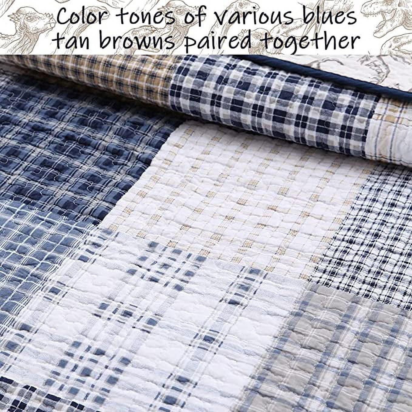 Cozy Line Benjamin Cute Dinosaur Navy Blue White Grey Plaid cotton Quilt, Twin - Reversible