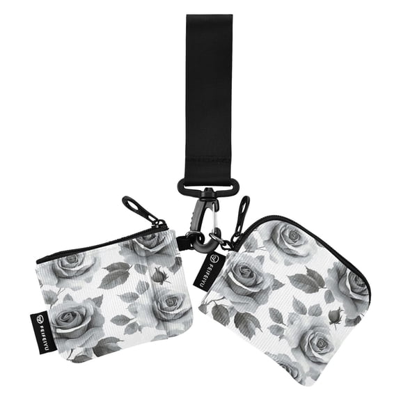 Portable Coin Purse Two 4.13x4.13 Iinches 4.13x3.5 Inches Wrist Coin Purse Keys Coin Purse Portable Women's Purse Gray Flowers