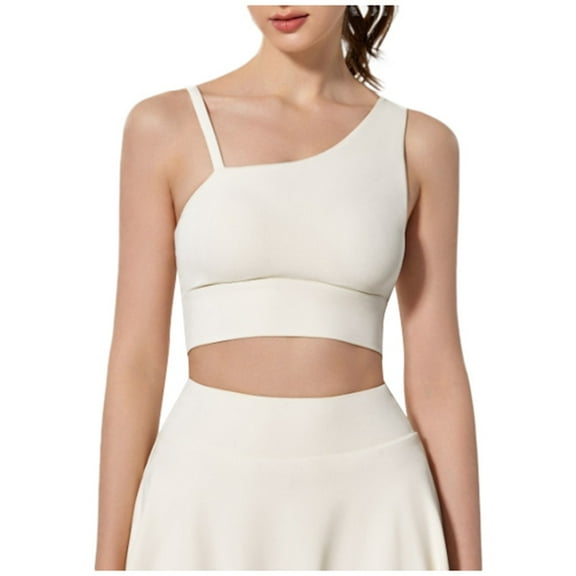 Wang6 One Shoulder Cropped Tank Tops Trendy Wireless Workout Longline Bras Seamless Running Gym Yoga Tops White XL