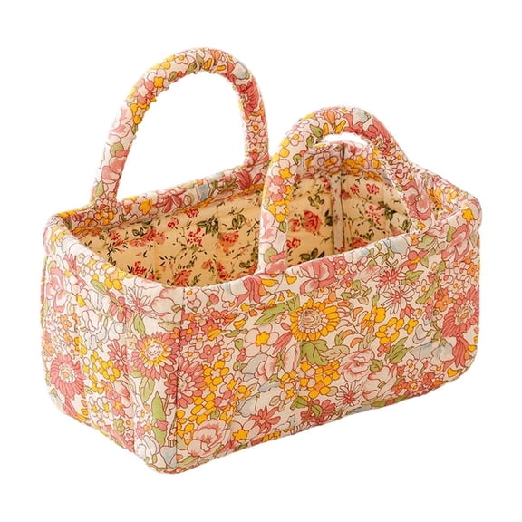 Boho Fabric Storage Basket with Handles, Large Capacity Foldable Floral Organizer for Clothes and Sundries, Quilted Puffer Tote Bag for Home, Picnic, Shopping, Travel