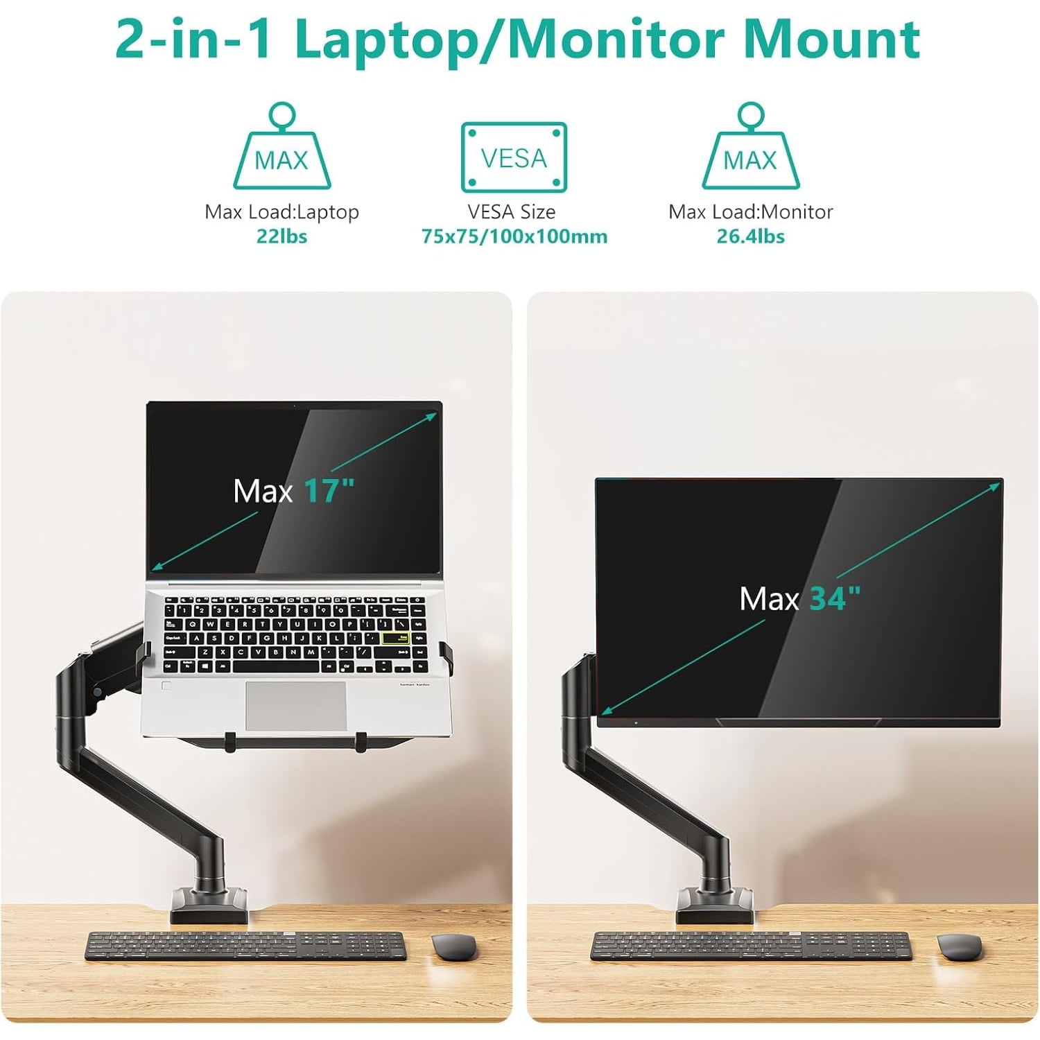 Laptop Desk Mount, 2-in-1 Monitor Mount with Adjustable Laptop Tray, Fits Max 17" Notebook and 34" Computer Screen, Max Holds 22-26.4 lbs, Single Monitor Laptop Stand for Desk , Black