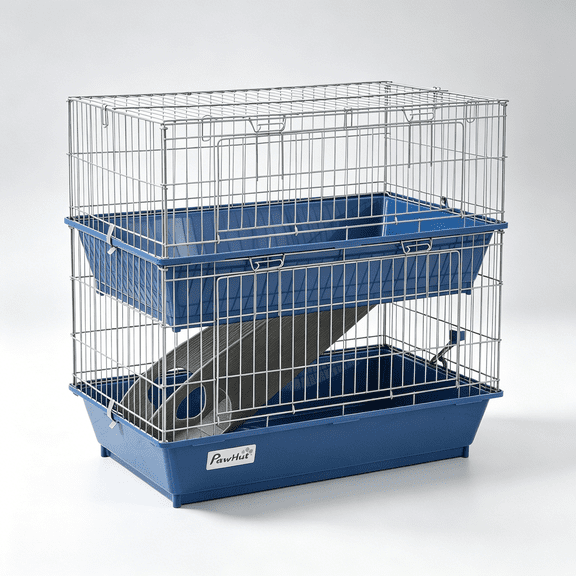 Two-Level Small Animal Cage with Ramp, Food Dish, and Water Bottle, Indoor Habitat for Guinea Pigs, Ferrets, Chinchillas, Blue Metal Frame