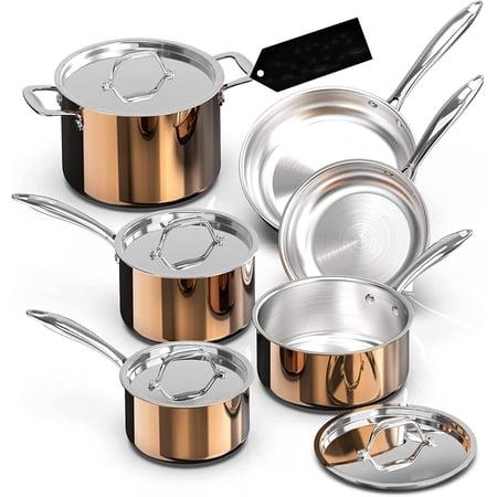 Ciwete Copper Pots and Pans Set Tri-ply Cookware Set 10 Piece, 18/10 Stainless Steel Pot and Pan Set with Stainless Steel Lid, More Nutritious, Include Stock Pot, Saucepan, Fry Pan