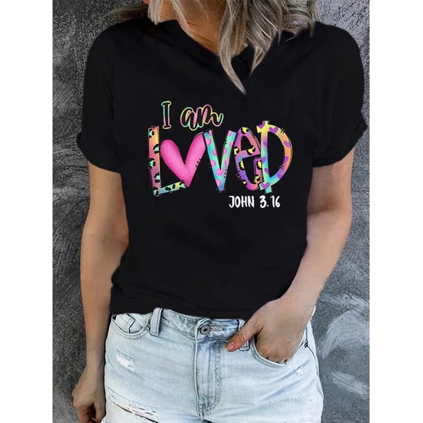 Women'S Easter Love T-Shirt, Casual Crew Neck Polyester Tee, Soft Comfort Fit, Geometric Pattern, SuCamisetas de verano para mujer, manga corta, cuello redondo, casual, lindo, con gráficos, camisetas