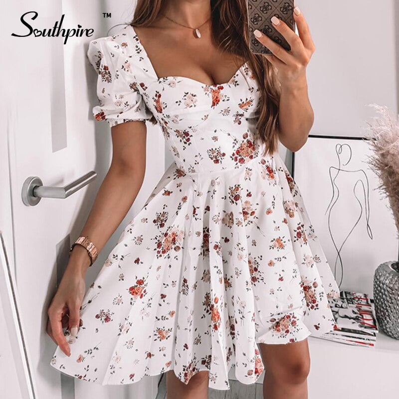 Southpire Robe blanche a imprime fleuri pour femmes manches courtes bouffantes mini robe d ete a fermeture eclair vetements elegants pour dames Walmart
