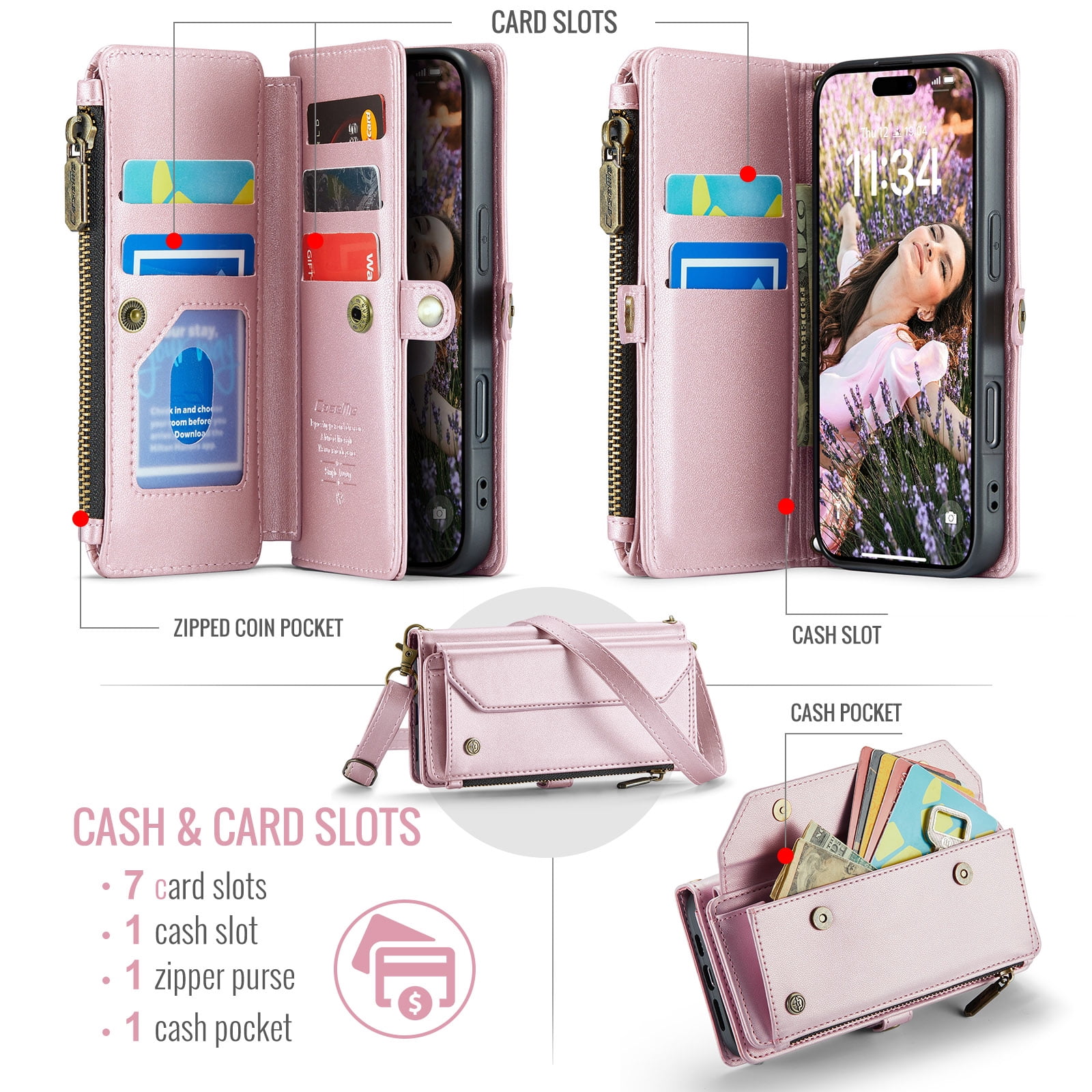 ELEHOLD for iPhone 17 Air Wallet Case,Support Wireless Charging PU Leather RFID Blocking Card Holder Kickstand Flip Shockproof Case with Crossbody Wristlet Strap for iPhone 17 Air,Pink