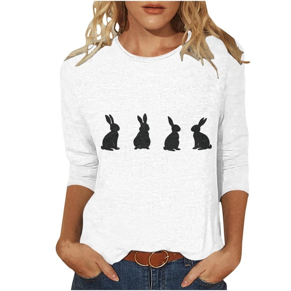 3/4 Manga Tops para las Mujeres Pascua Floral Cuello Redondo Suelto Camiseta Moda Casual
