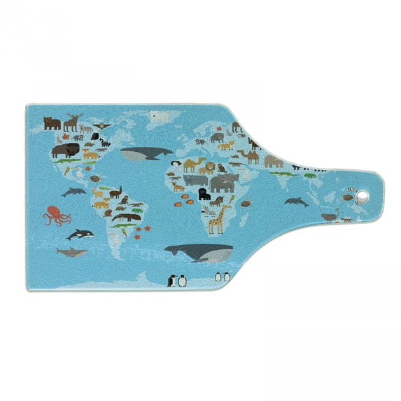Geography Cutting Board, Guide World Map Animals Living Places Kids Discovery Safari Earth, Decorative Tempered Glass Cutting and Serving Board, in 3 Sizes, by Ambesonne