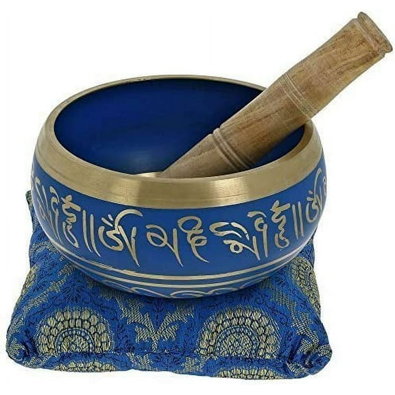 Singing Bowl Blue Brass Musical Instruments Tibetan Buddhist Himalayan Bell Metal for Meditation with Stick and Cushion 7 Inch