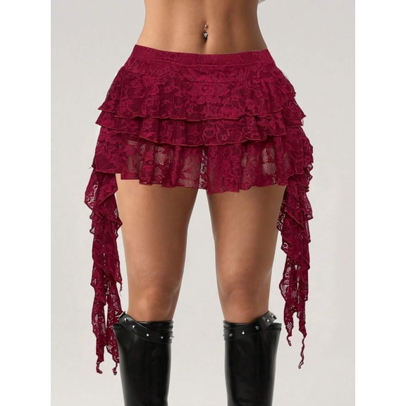 Burgundy Lace Tiered Ruffle Asymmetrical Mini Skirt With Built-In Safety Shorts