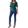 thumbnail image 2 of INSPIRE CHIC Satin Blouse for Women's V Neck Short Sleeve Ruched Tie Back Casual Office Tops L Blue Green, 2 of 6