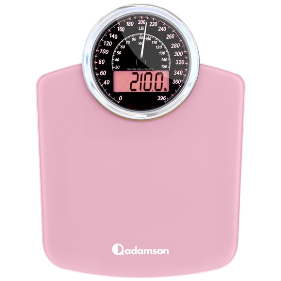 Báscula híbrida 2 en 1 analógica y digital Adamson para un peso corporal de hasta 400 lb + Vidrio templado grueso + Pantalla extragrande + Báscula digital de baño fácil de leer + Nueva - Rosa