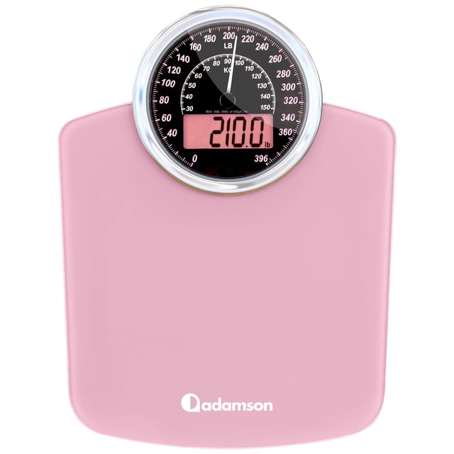 Báscula híbrida 2 en 1 analógica y digital Adamson para un peso corporal de hasta 400 lb + Vidrio templado grueso + Pantalla extragrande + Báscula digital de baño fácil de leer + Nueva - Rosa