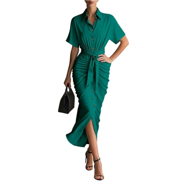 CIENVNSTG Women Shirt Dresses Spring Button Short Sleeve Satin Ruched Maxi Summer Dress 2026 Cocktail Party Wedding Green L