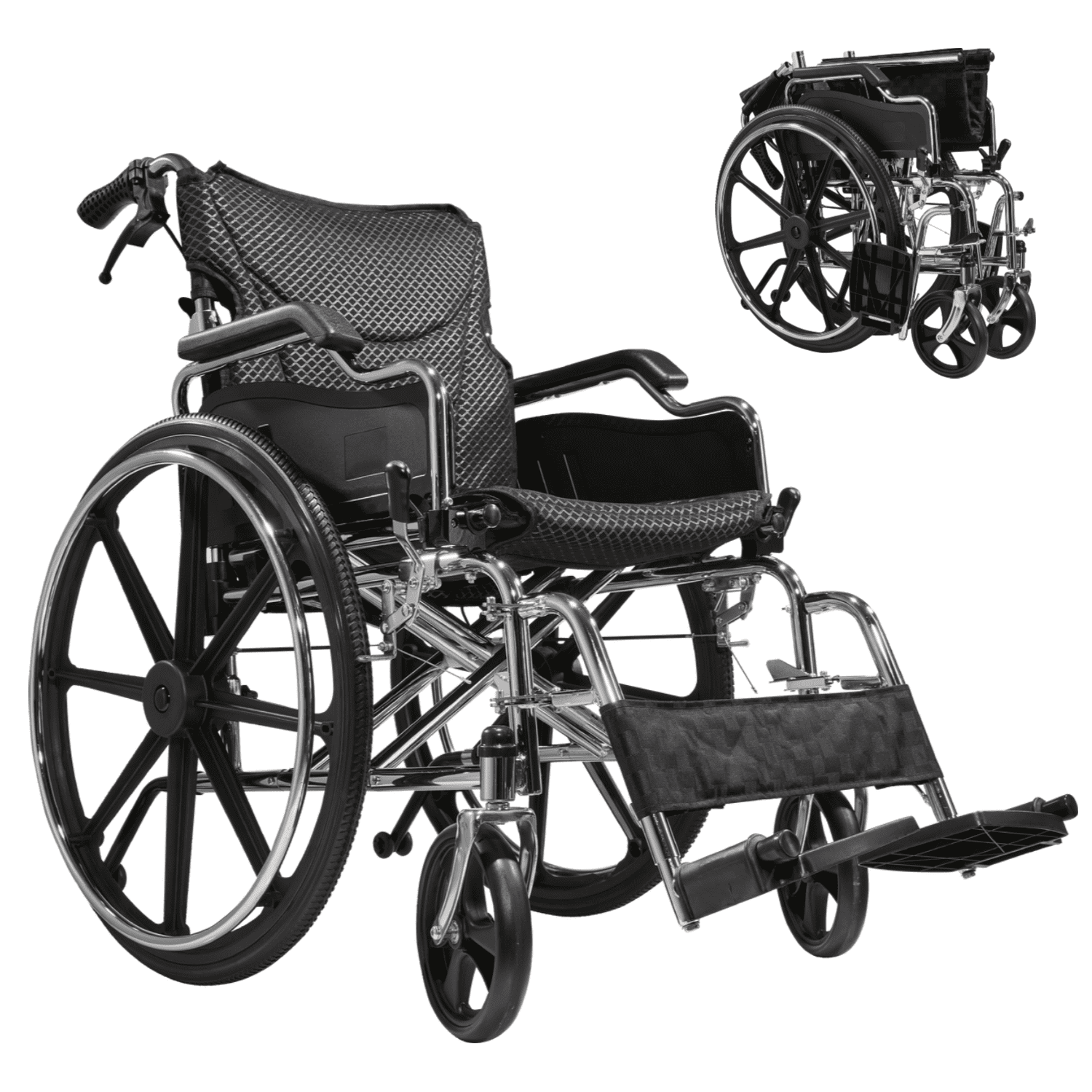 Folding Manual Transport Wheelchair, 18-Inch Seat, Front & Rear Locking Hand Brakes, 24-Inch Quick-Release Rear Wheels, Bright Silver