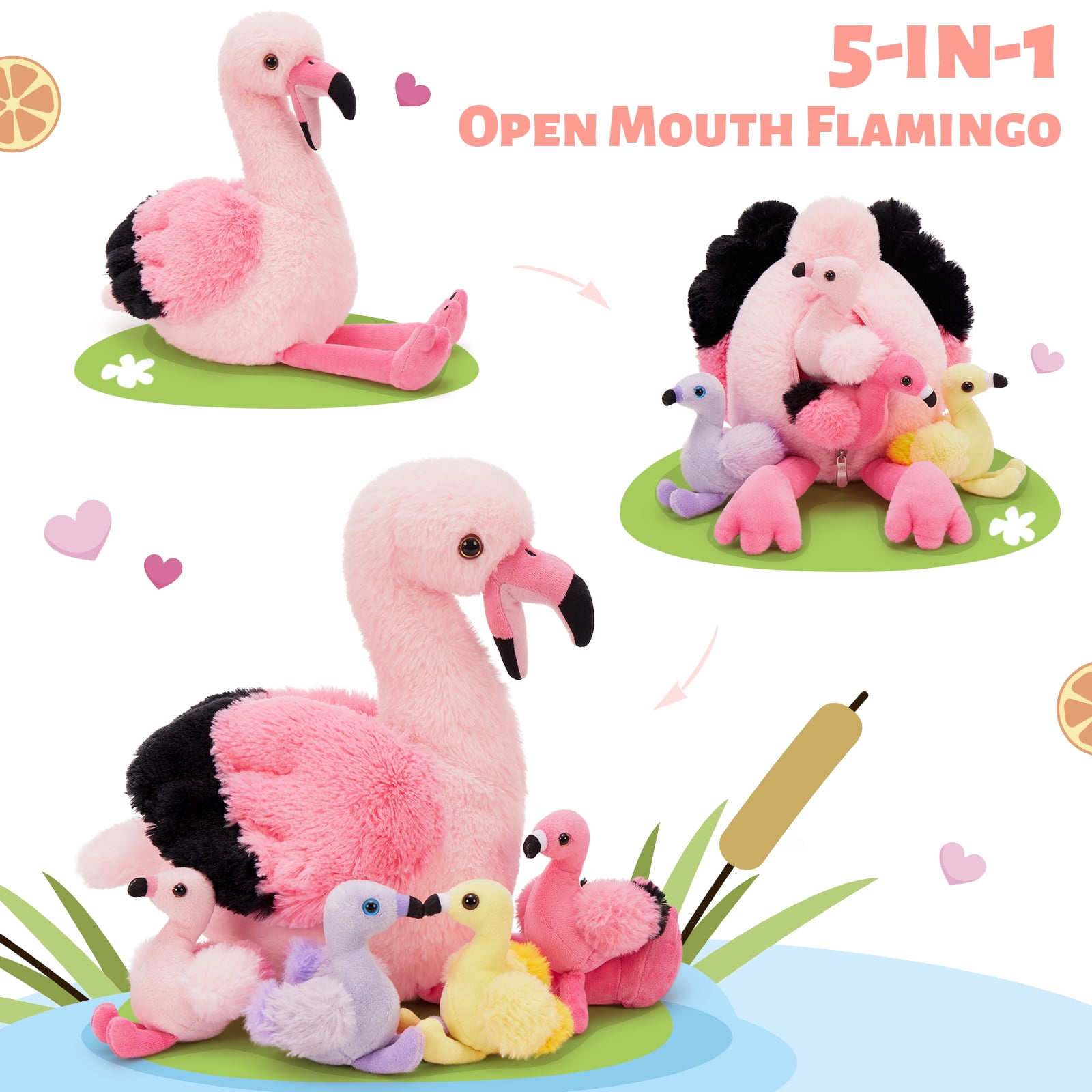 MorisMos 17.7'' Plush Flamingo Stuffed Animals with 4 Baby Flamingo Toy