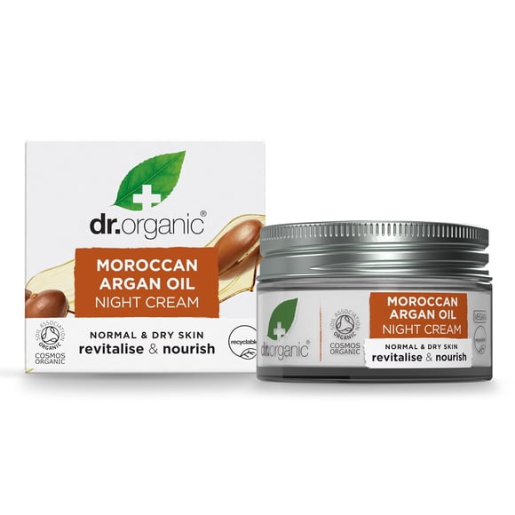 Crema de noche con aceite de argán marroquí Dr. Organic | Crema nutritiva de terapia nocturna para piel normal a seca Vegana Natural Certificada Orgánica Sin parabenos ni SLS 50 ml/ 1,7 fl oz