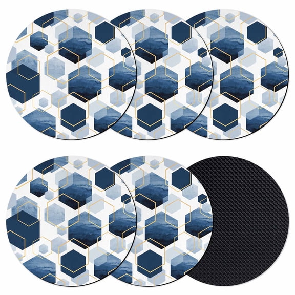 Navy Blue Marble Coasters Set of 6, Gold White Geometric Hexagon Modern Absorbent Coasters for Drinks, Coaster for Bar Office Dining Coffee Table Accessories Decor, Non Slip Round Desk Coaster