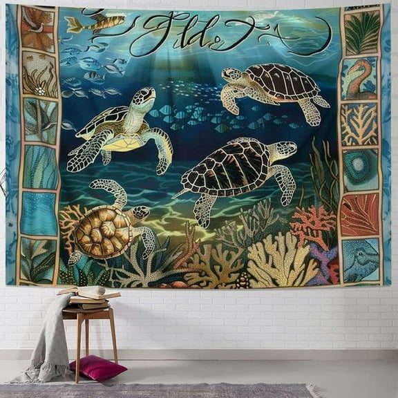Patifu Sea Turtle Tapestry Wall Hanging Unique Style Graphic Tapestries Home Wall Decor Art for Living Room Bedroom Apartment Farmhouse Dorm 40x30inch