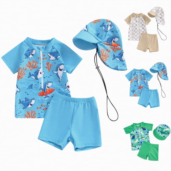 vigerkar Toddler Baby Boys 3 Pieces Swimsuit Set Swimwear Dinosaur Shark Zipper Bathing Suit UPF 50 Rash Guards with Hat (Khaki, 12-18 Months)