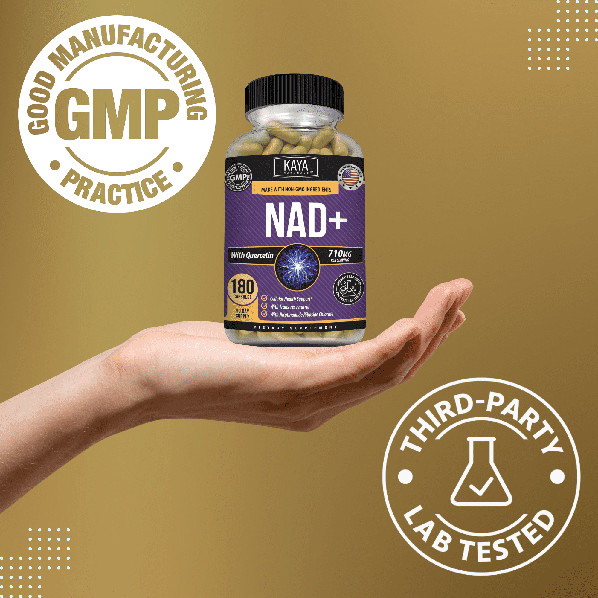 Kaya Naturals NAD+ Supplement with Trans-Resveratrol & Quercetin, Cellular Energy Support, Daily Wellness & Vitality, 180 Capsules