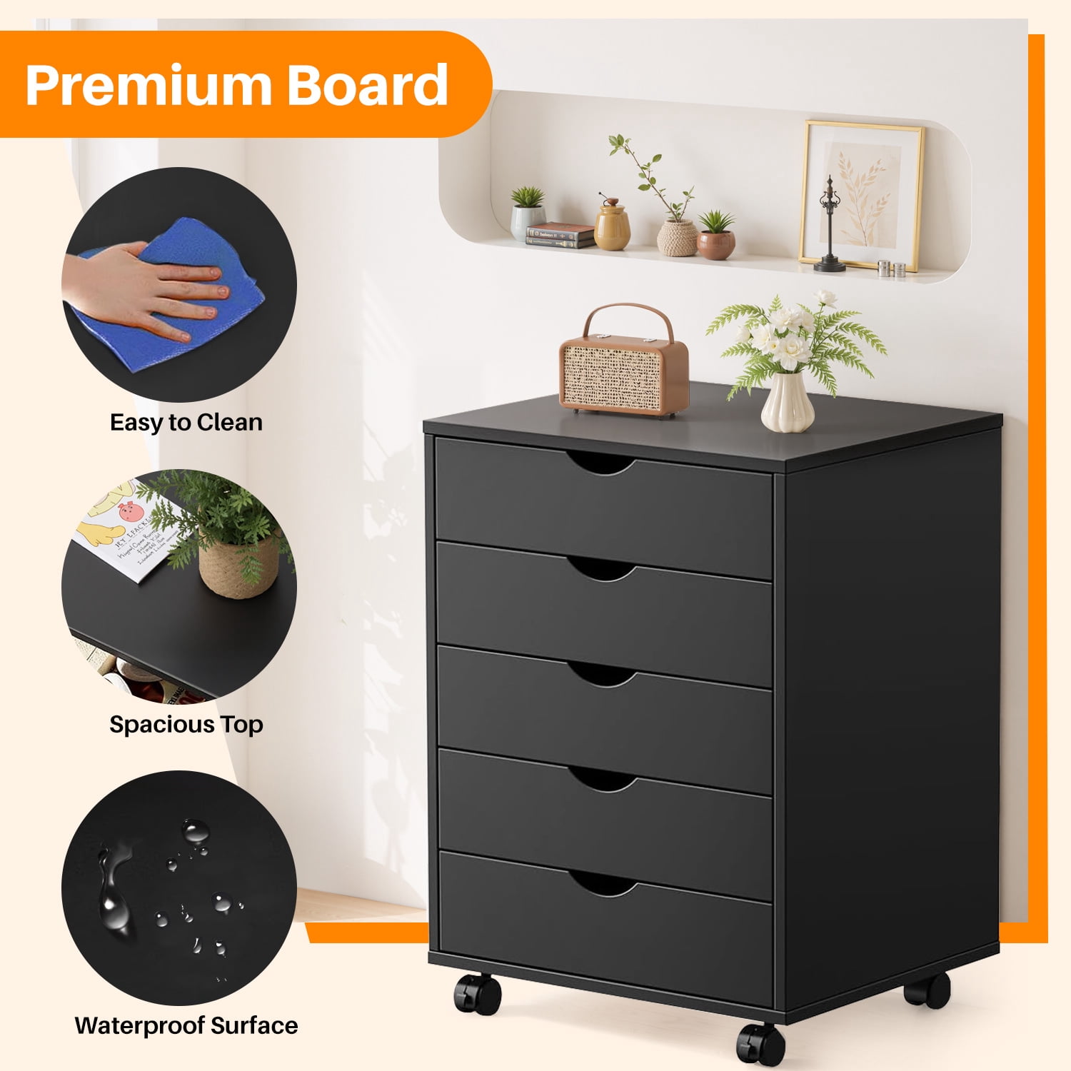 Simenmax 5 Drawer Chest Mobile Storage Cabinets Wooden Dresser with Wheels Room Organization Furniture for Office, Black