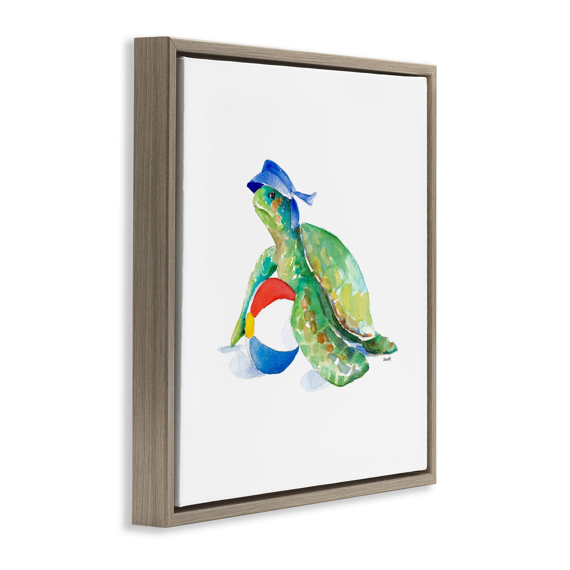 Stupell Industries Turtle & Beach Ball Novelty Painting Brown Floater Framed Canvas Art Print Wall Art, 25 x 25