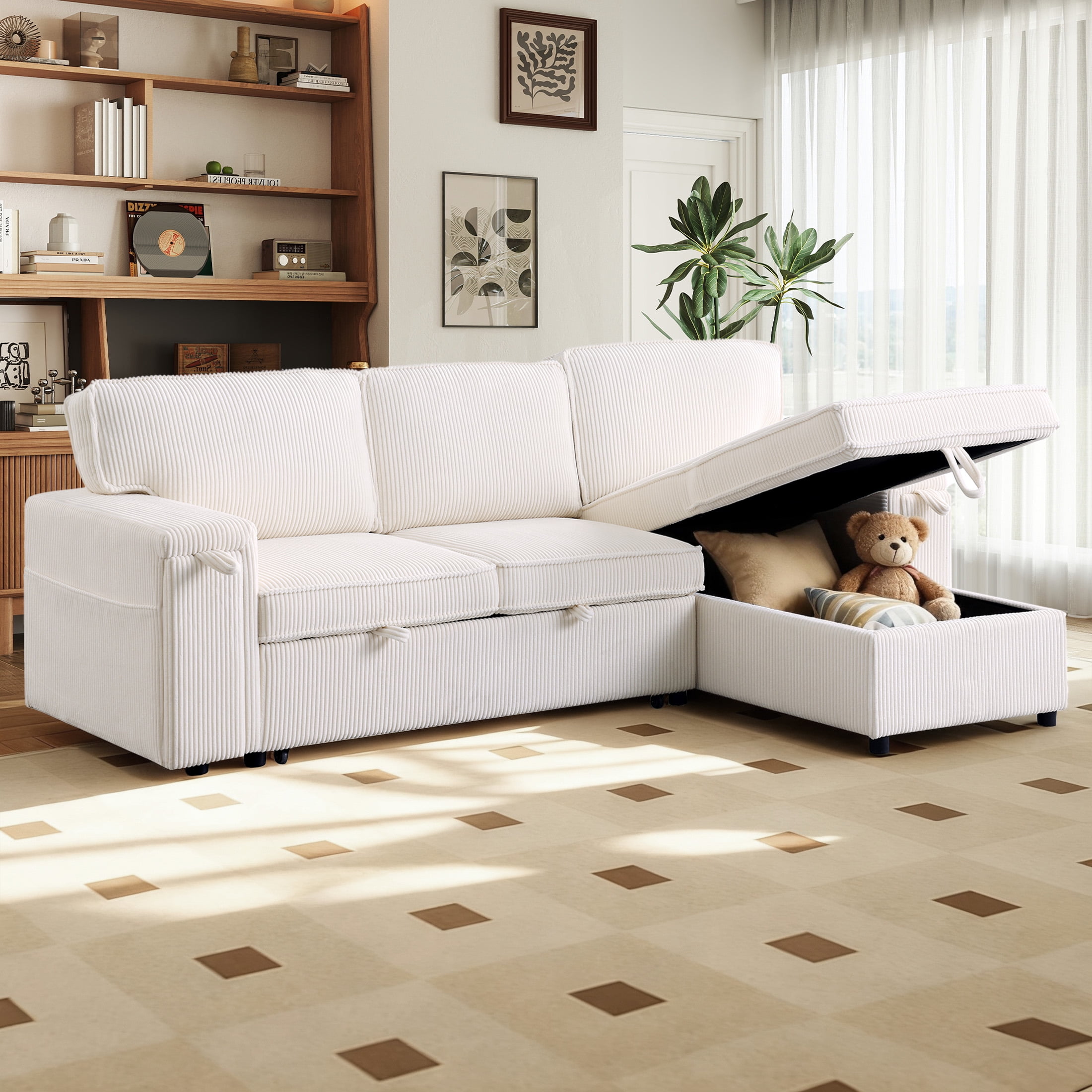 Aukfa Corduroy Pull Out Sofa Bed, Reversible Sectional Couch with Storage Chaise, Hidden Cup Holder, Beige