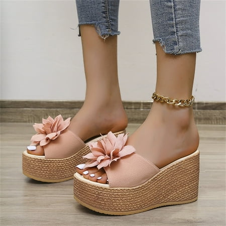 

〖Yilirongyumm〗 Pink 38 Sandals Women Fashion Summer Women Sandals Wedge Heel Thick Sole Super High Heel Flower Solid Color