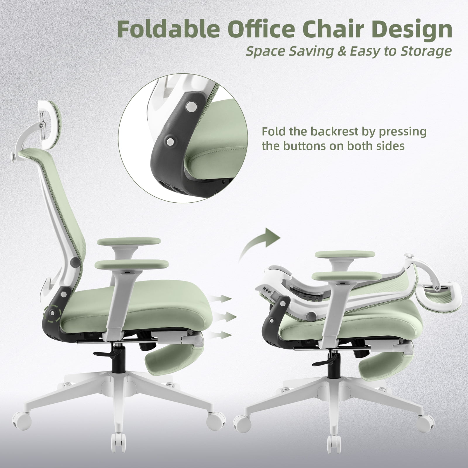 Hforesty Green Foldable Office Chair with Footrest – Ergonomic Mesh Computer Chair, Lumbar Support, Swivel Tilt, 300lbs