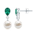 thumbnail image 3 of Rosec Jewels Freshwater Pearl Drop Earrings with Lab Grown Emerald and Diamond - AAA Grade, 10K White Gold, 3 of 6
