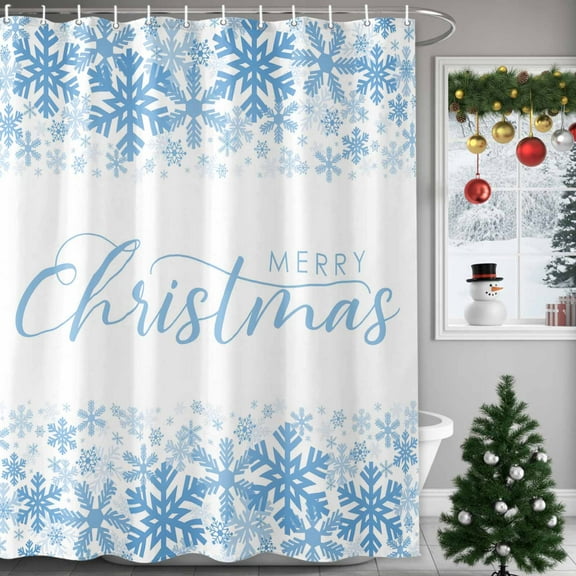 Merry Christmas Shower Curtains for Bathroom, Blue Winter Snowflakes Retro Waterproof Fabric Shower Curtain for Bathroom Bathtub Decoration, Machine Washable, 36"x72"