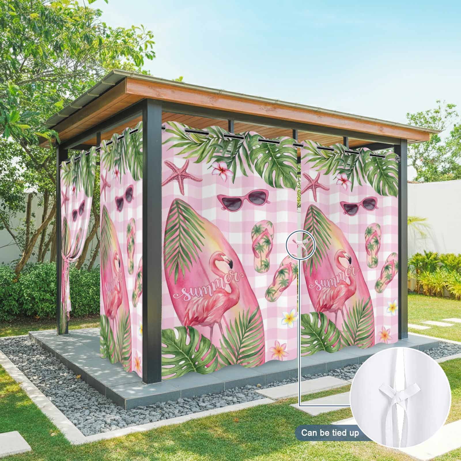 Summer Ocean Surfboard Outdoor Curtains for Patio, Beach Slippers Flower Palm Leaf Pink Plaid Sunshade Privacy Drapes Grommet Waterproof Outside Curtains for Porch/Cabana/Balcony 54"x 108", 1 Panel