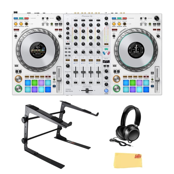 Pioneer DJ DDJ FLX10 Limited Edition 4-Channel DJ Controller for rekordbox and Serato - White Bundle with Laptop Stand, Gearlux Headphones, and Austin Bazaar Polishing Cloth