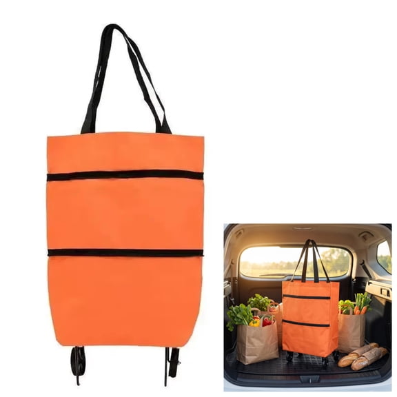 Foldable Shopping Bag with Wheels, Portable Rolling Grocery Cart, Lightweight Oxford Cloth Collapsible Trolley for Supermarket, Heavy Duty Reusable Pull Cart for Seniors & Travel