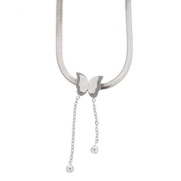 Collar de moda para mujer, estilo europeo y americano, con colgante de mariposa esmerilada de lujo, cadena de hueso de serpiente, collar de borlas de acero de titanio