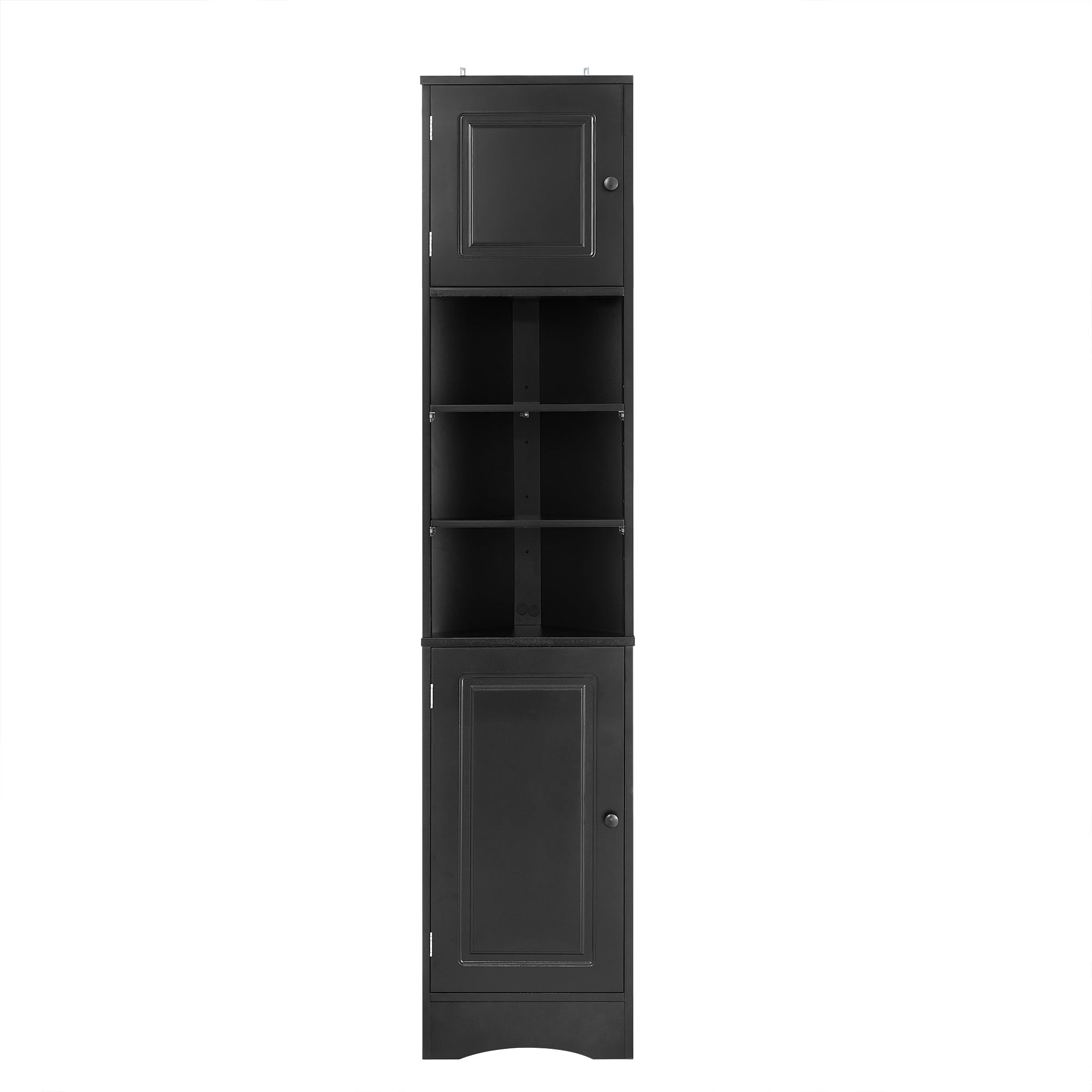 PORKISS 66.9" Tall Corner Cabinet with 2 Barn Doors, 6 Tier Bookcase Storage Cabinet with Adjustable Shelves, Corner Storage Cabinet for Bathroom, Living Room, Kitchen, Black