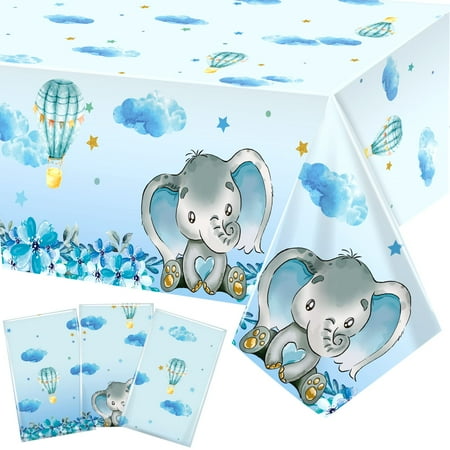 

Elephant Baby Shower Tablecloth Plastic Boy Elephant Table Cover Baby Tablecloth Hot Air Balloon Star Flower Table Cover for Baby Shower and Kids Birthday Party 54 x 108 Inc（3 Pieces）