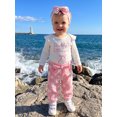thumbnail image 6 of Infant Girls Fall Outfits Ruffle Long Sleeve Crew Neck Letters Bow Embroidery Romper Floral Print Pants and Headband Set, 6 of 8