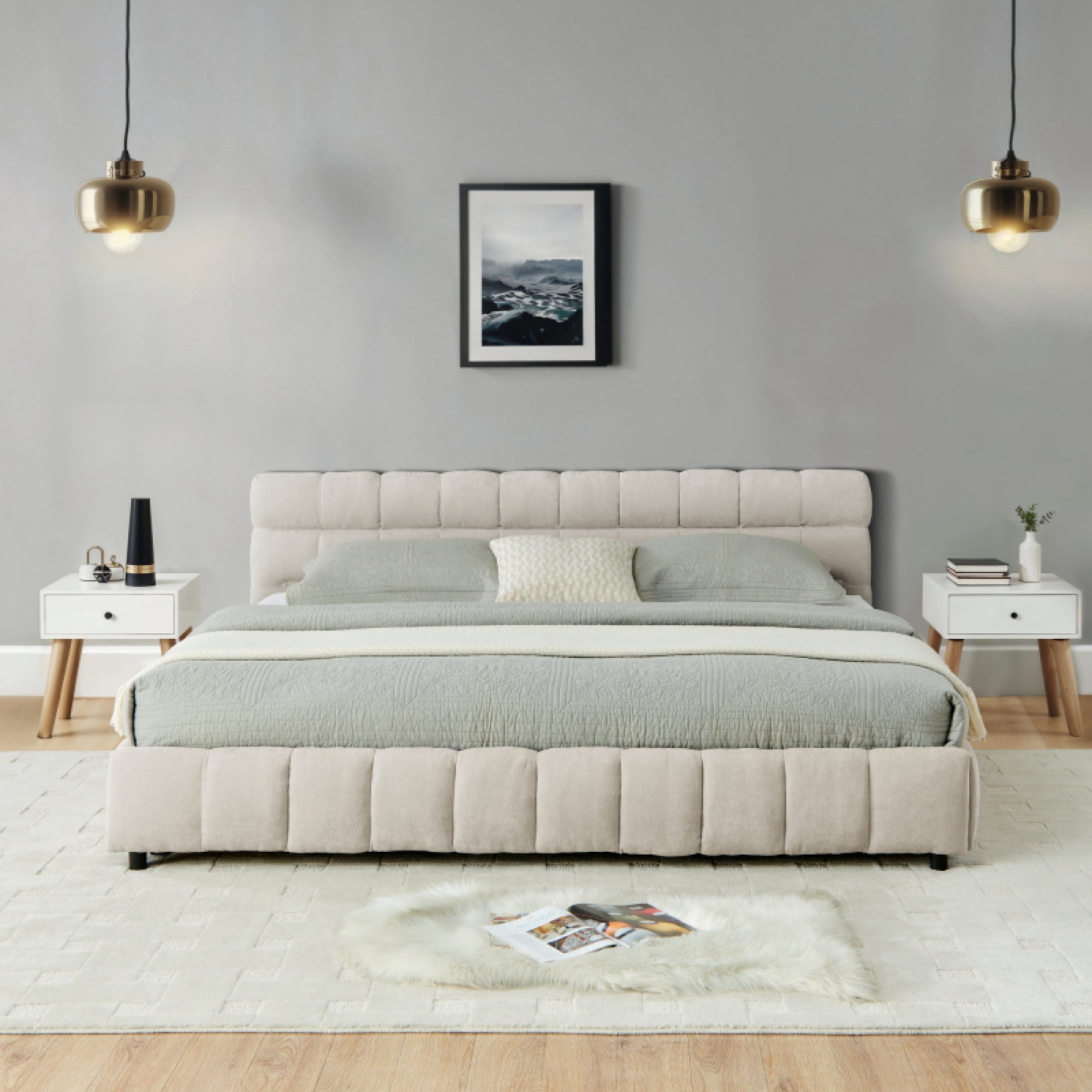 California King size Upholstered Bed ,comfortable upholstered bed frame, Chenille fabric, with headboard and solid bed frame. With drawer for storage.-Beige(90.5''*80.5''*31'')