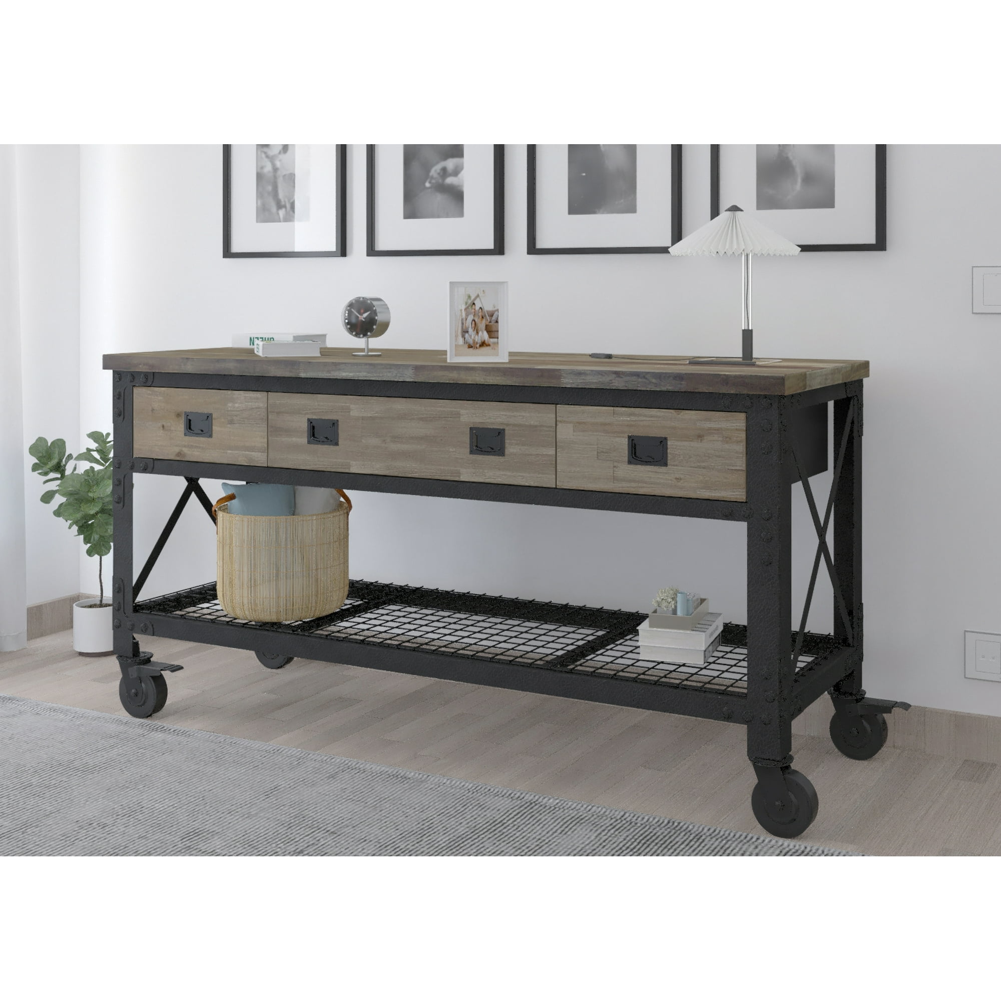 72 In x 24 In. 3 Drawer Rolling Industrial Workbench with Wood Top - Aged Macadamia