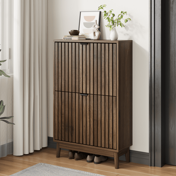 Algherohein 23.6"W Entryway Shoe Cabinet with Flip-Down Drawers, Freestanding Wooden Shoe Storage Cabinet, Walnut