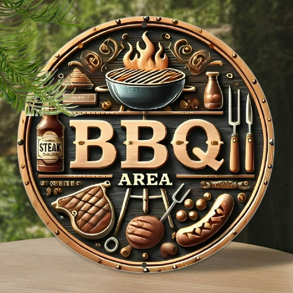 8 Inch Round Aluminium Vintage BBQ Area Sign: Perfect for Outdoor Walls, Garages, and Patios - Farmhouse, Garden, and Barbecue Decor