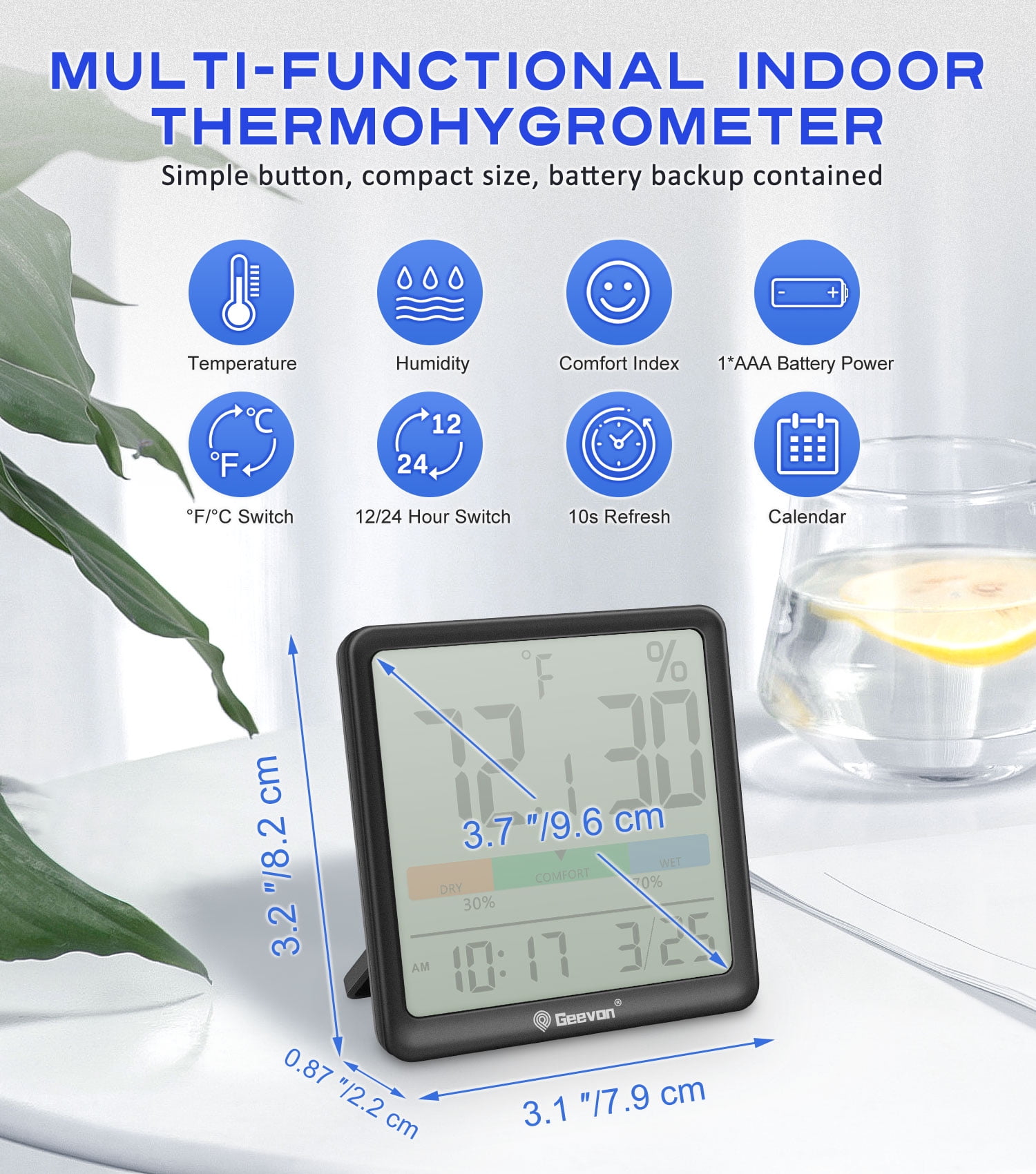 Geevon Digital Indoor Thermometer Hygrometer, Wireless Temperature Humidity Meter with Comfort Index, 1*AAA Battery, Calendar, Small Room Temperature Monitor for Home, Greenhouse, Bedroom(Black)