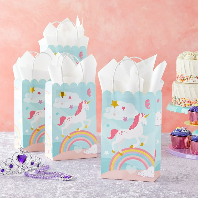 Blue Panda 24 Pack Small Unicorn Favor Bags with Handles, Pastel Rainbow Birthday Party Decorations, 5.5 x 8.6 x 3 in