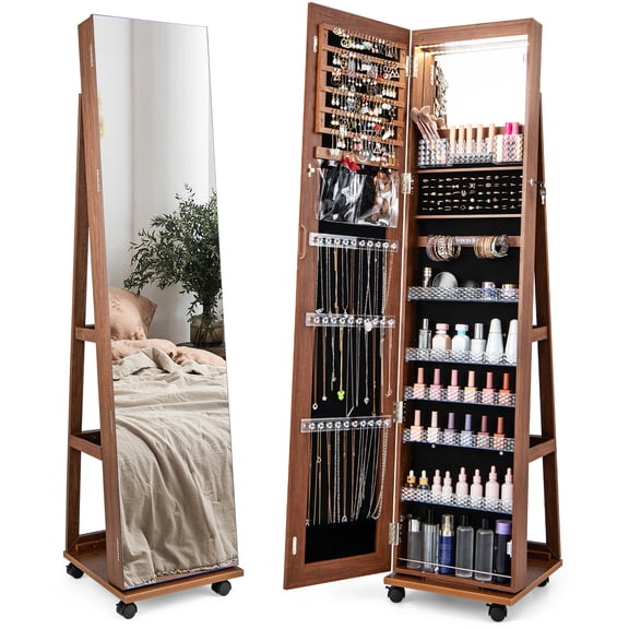 Giantex Lockable Jewelry Cabinet Armoire, 64" Standing Jewelry Organizer w/ Built-in Makeup Mirror, Brown