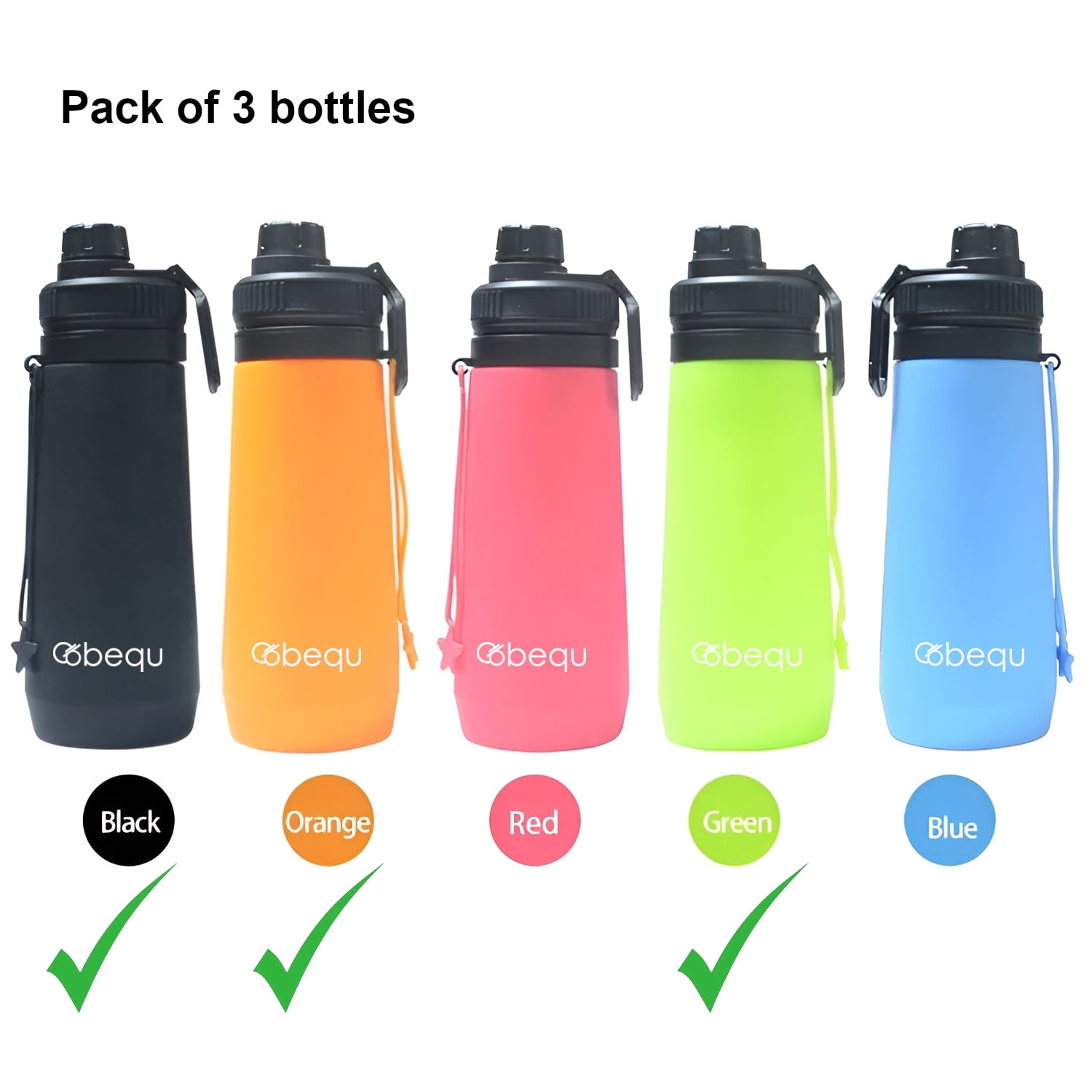 BEQU 750ml/25 Fl Oz Foldable Silicone Water Bottle, Reusable, BPA Free, Dishwasher-Safe, Sports bottle for Travel Gym Camping Hiking, Portable, Leak Proof (3PK MC2)