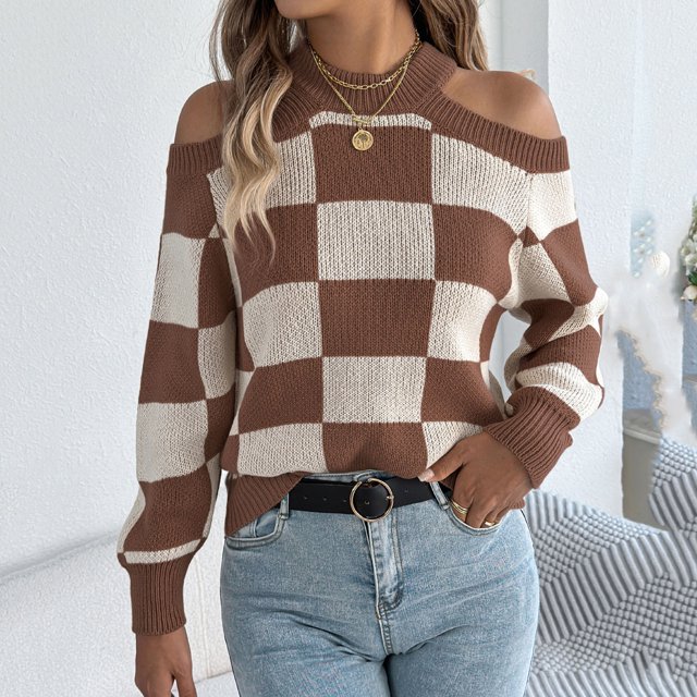 Pisexur Chandails pour Femmes Doux et Confortables, Chandail à Col Rond Manches Longues Épaules Dénudées Café,m