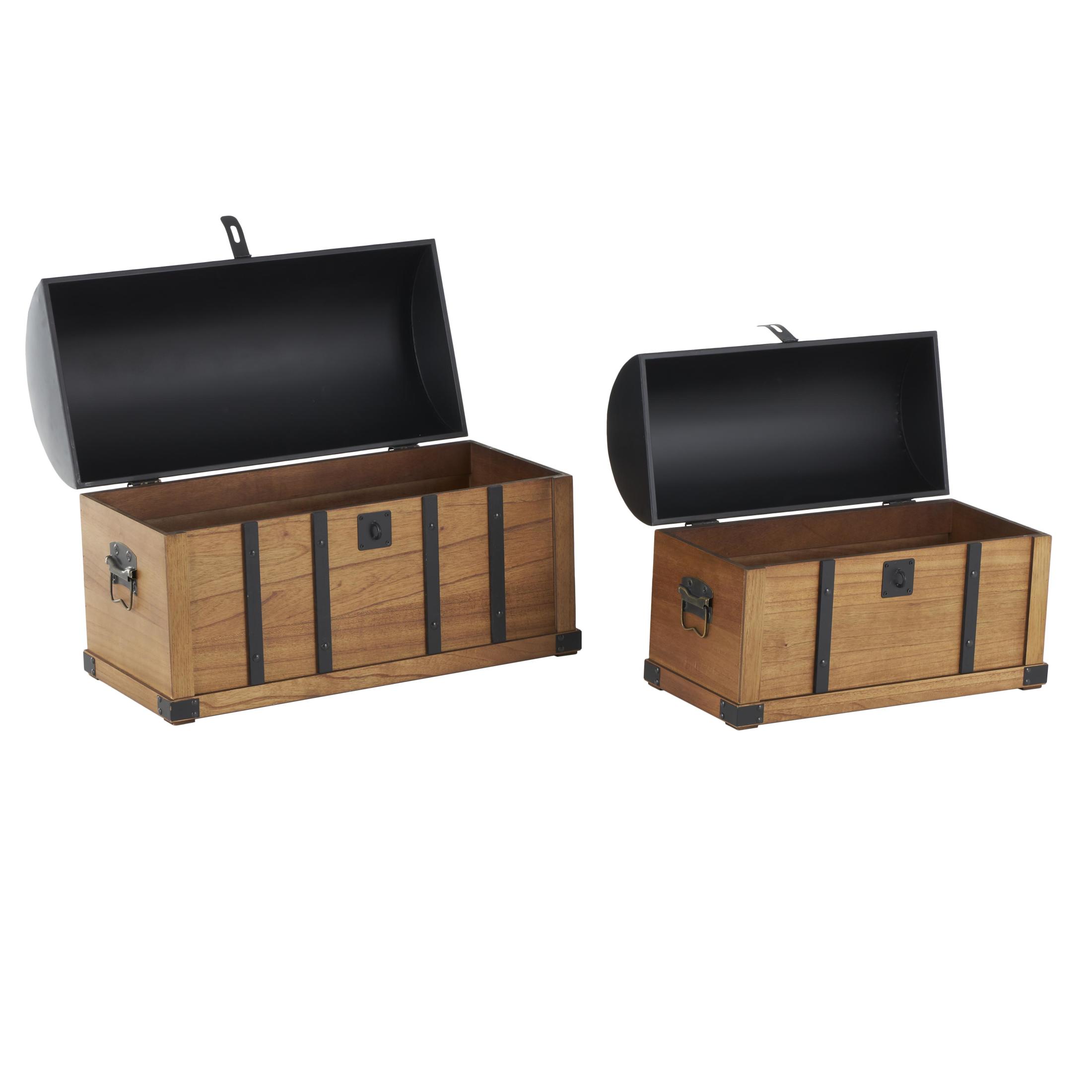 DecMode 24" x 15" Brown Wooden Studded Storage Trunk with Black Metal Arched Tops and Vertical Strips, 2-Pieces